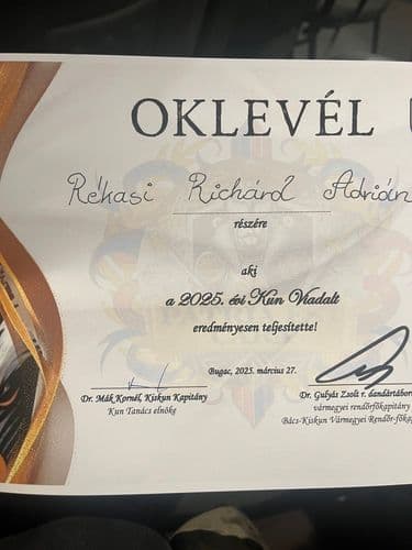Rékasi Richárd Adrián második helyezett oklevele